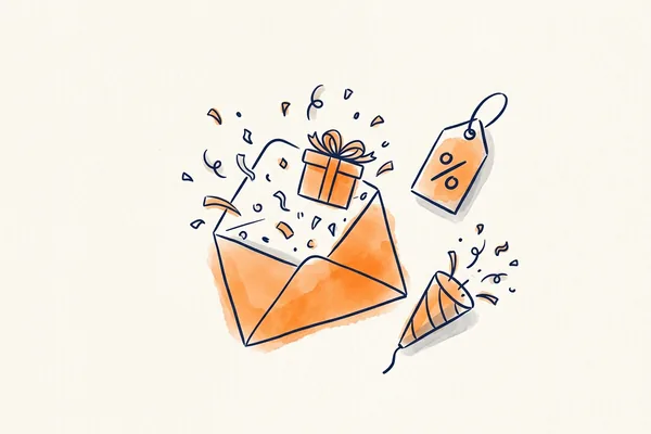 Sobre dibujado a mano del que salen confeti, una caja de regalo y una etiqueta de precio, que ilustra un email promocional