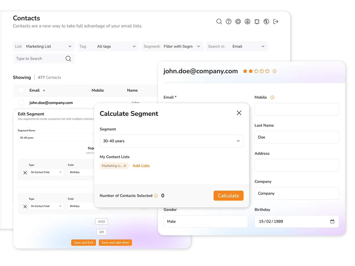 Panel de contactos con etiquetas, segmentos y listas