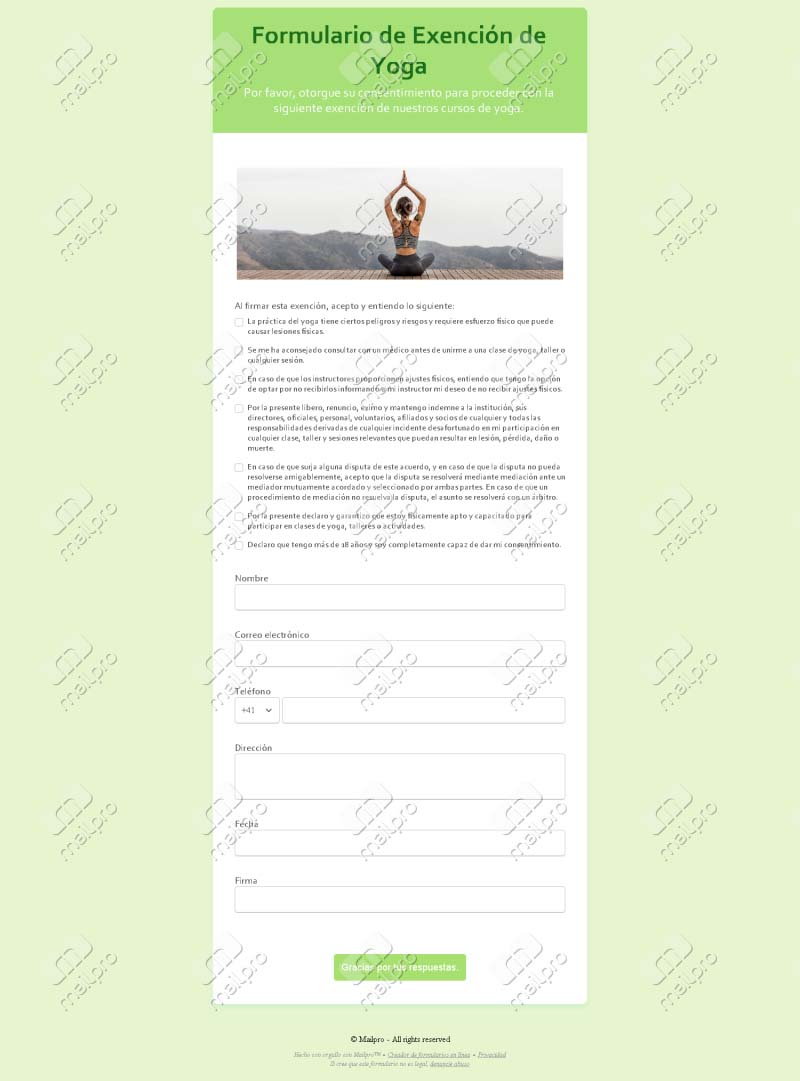 Exención y Consentimiento de Yoga
