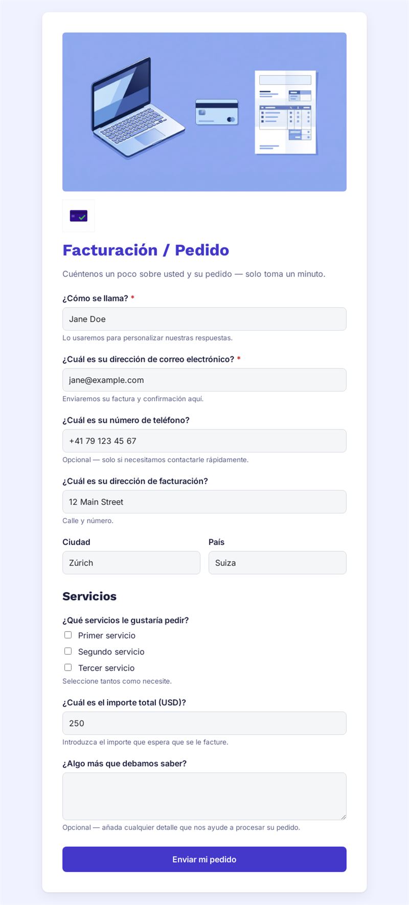 Formulario de Facturación y Pedido