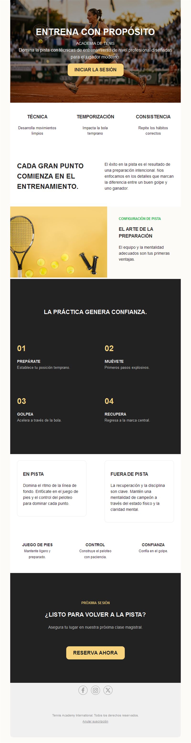 Email de entrenamiento de academia de tenis