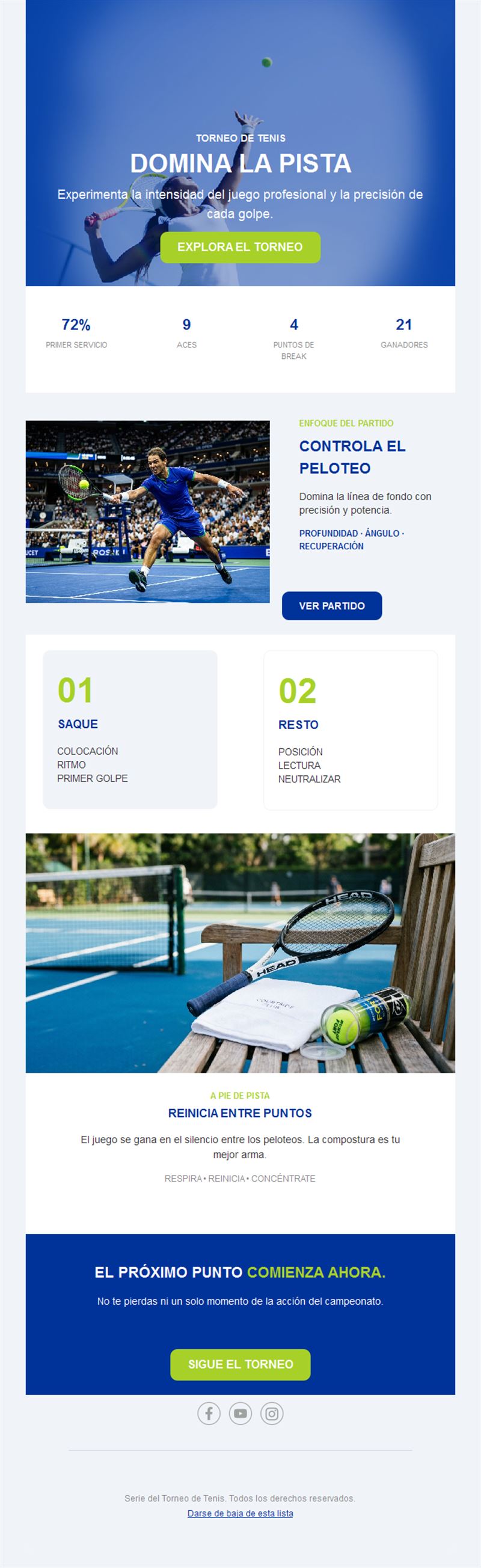 Newsletter azul de torneo de tenis