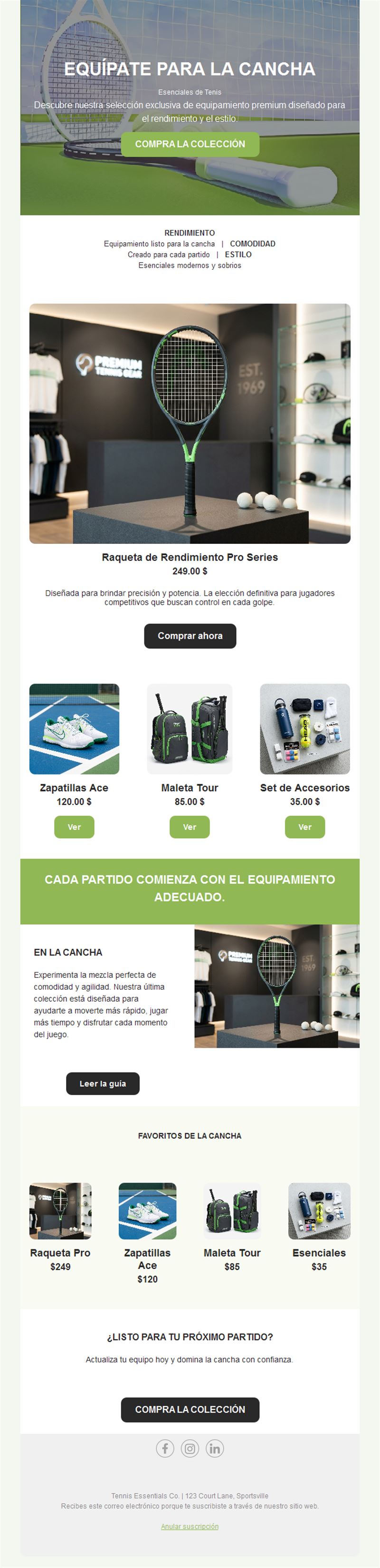 Email de tienda de material de tenis
