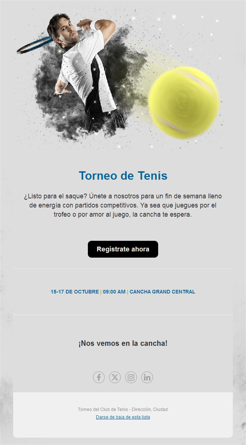 Email de inscripción a torneo de tenis