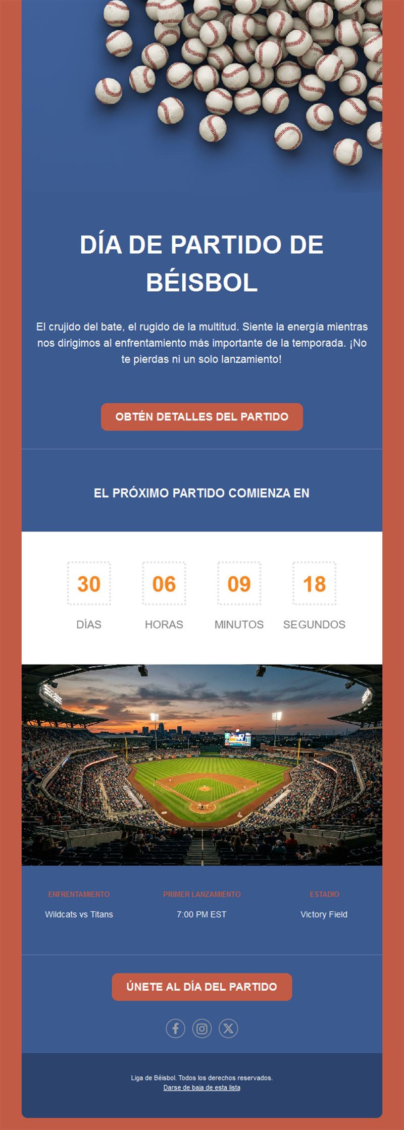 Email de partido de béisbol con cuenta atrás