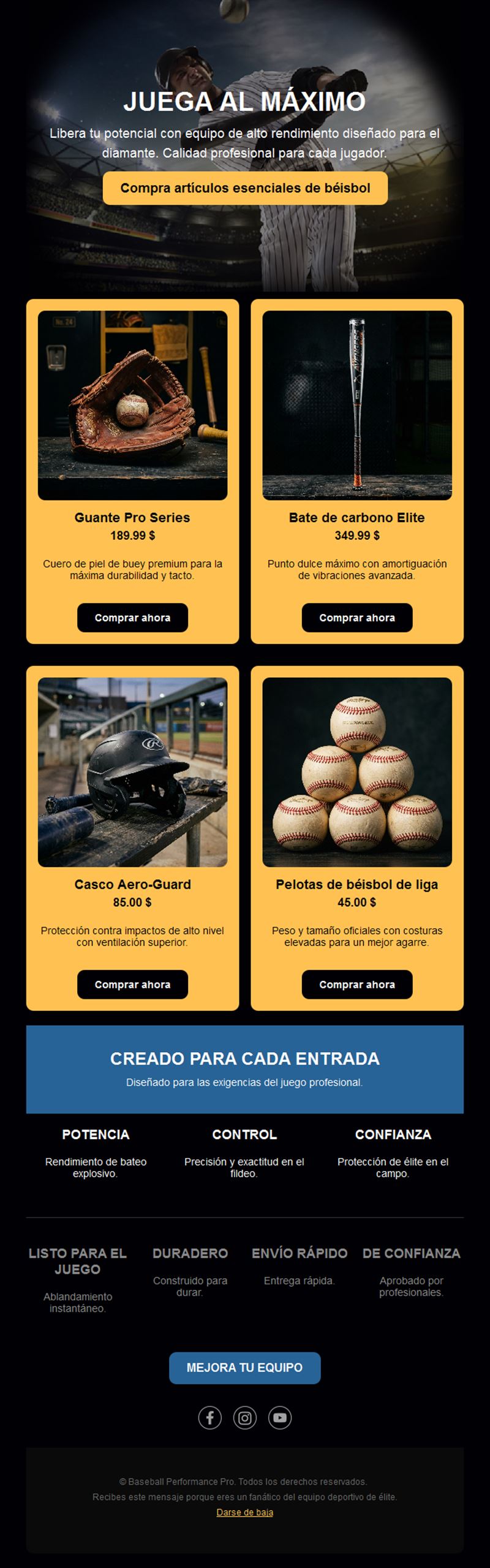 Email de venta de equipamiento de béisbol