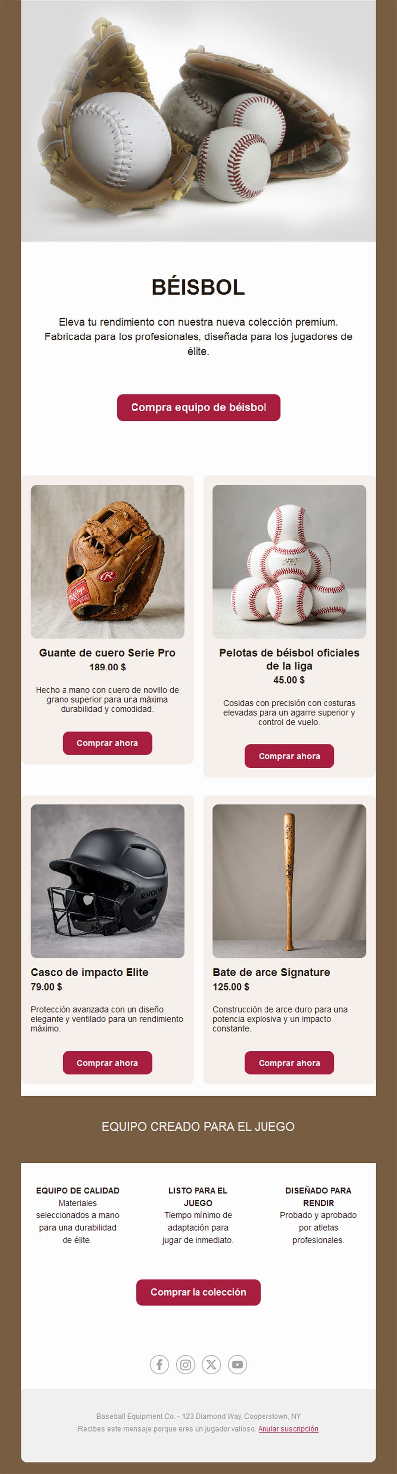 Email de tienda de material de béisbol