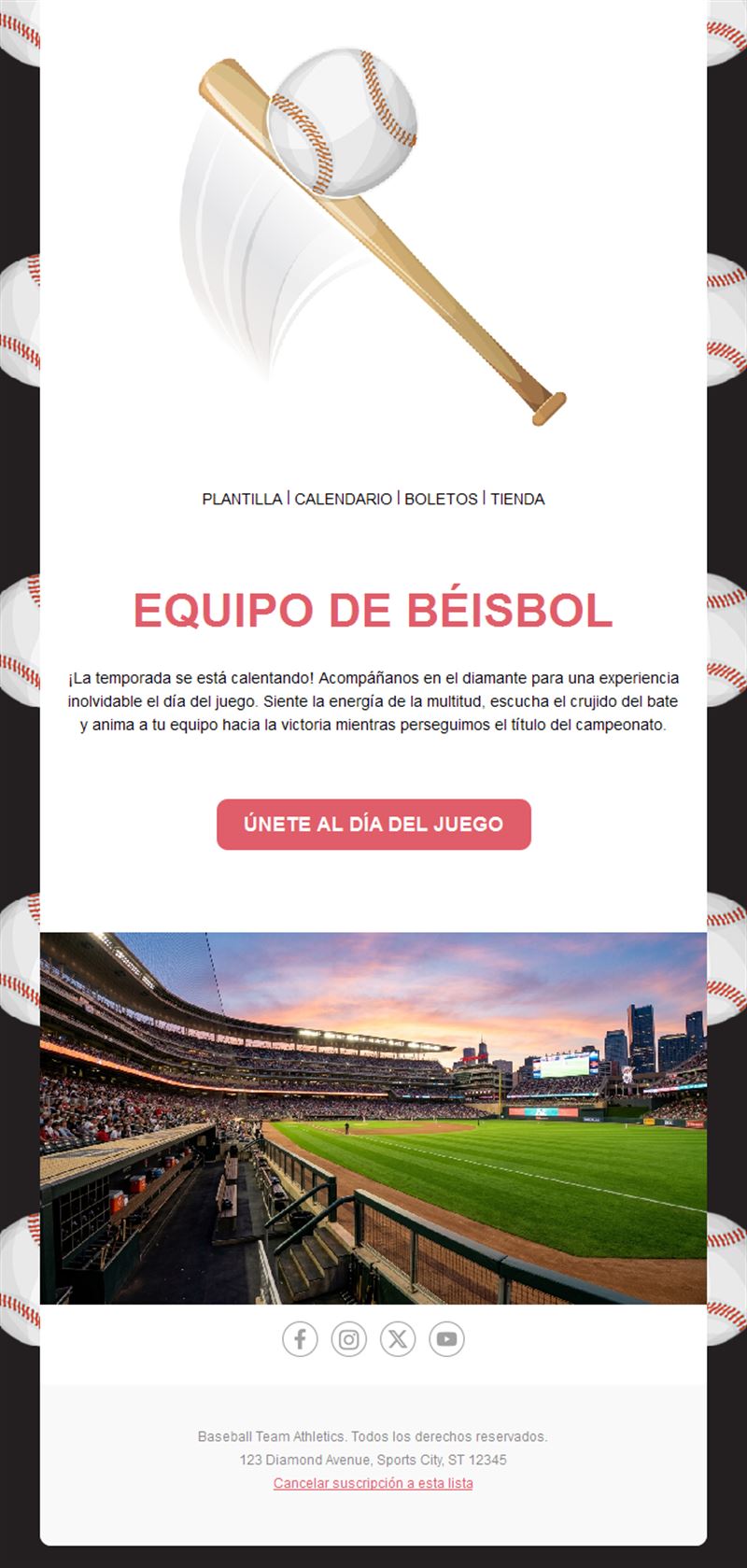 Invitación por email al día de partido de béisbol