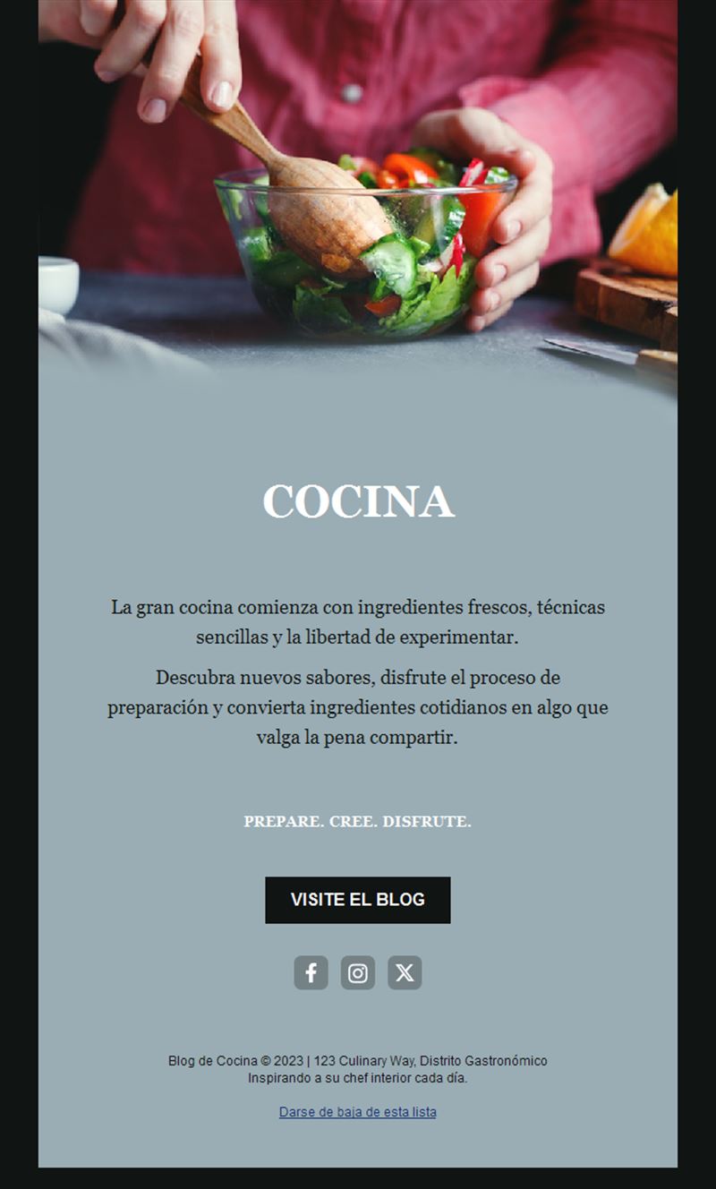 Email gris azulado de blog de cocina