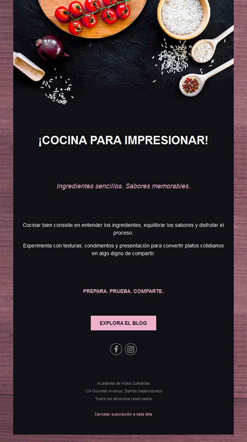 Email oscuro de clases de cocina