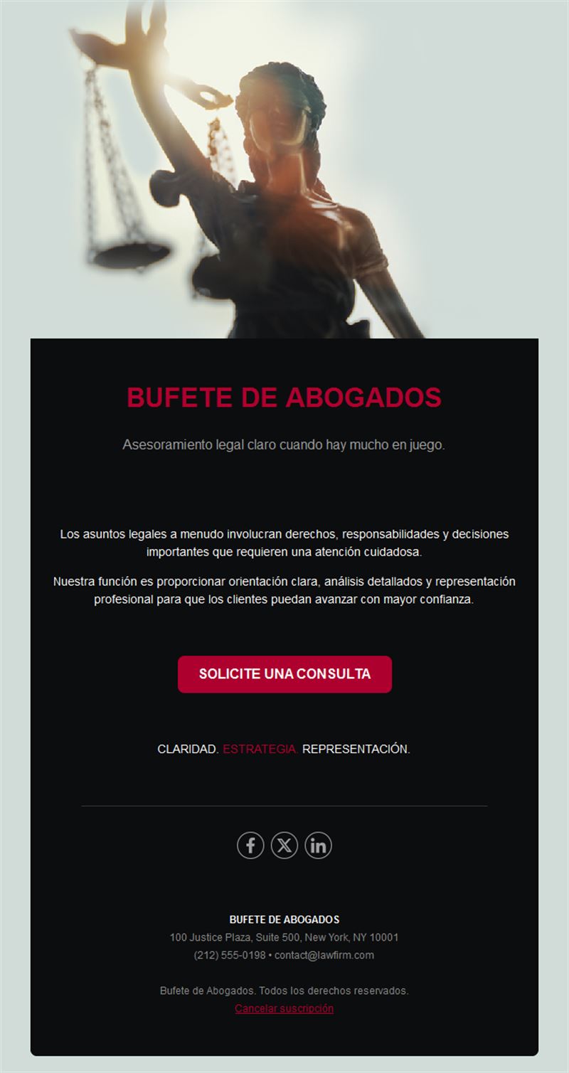 Email de despacho de abogados negro y rojo