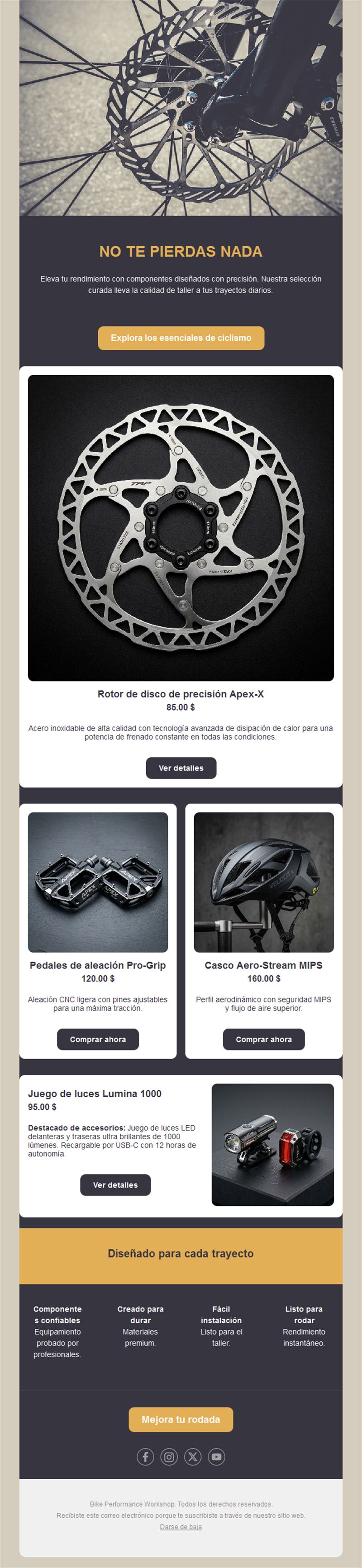Email de tienda de componentes para bicicleta