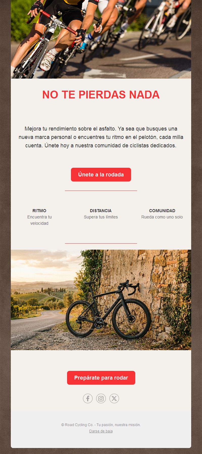 Invitación por email a una salida de club ciclista