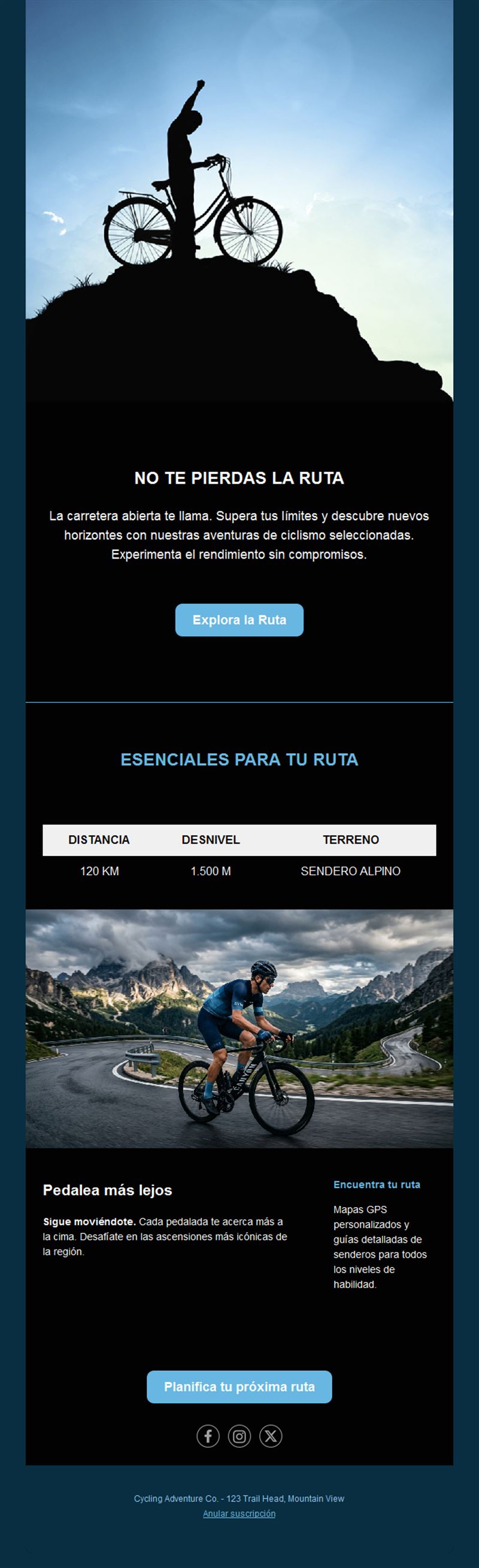 Email de ruta ciclista con detalles