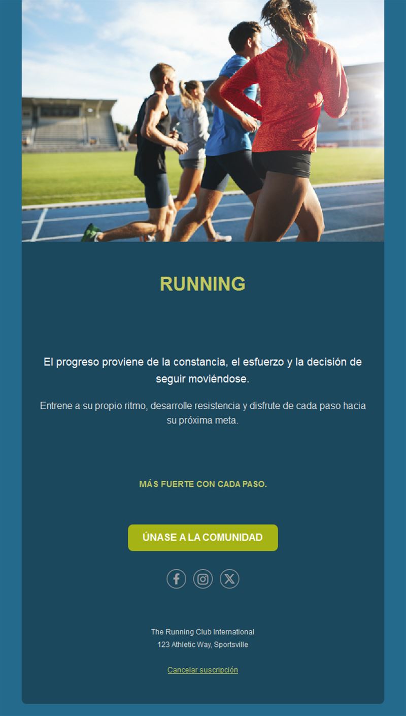 Email verde azulado de club de atletismo