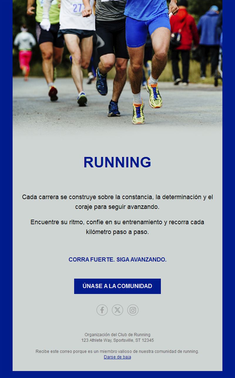 Email azul real de club de running