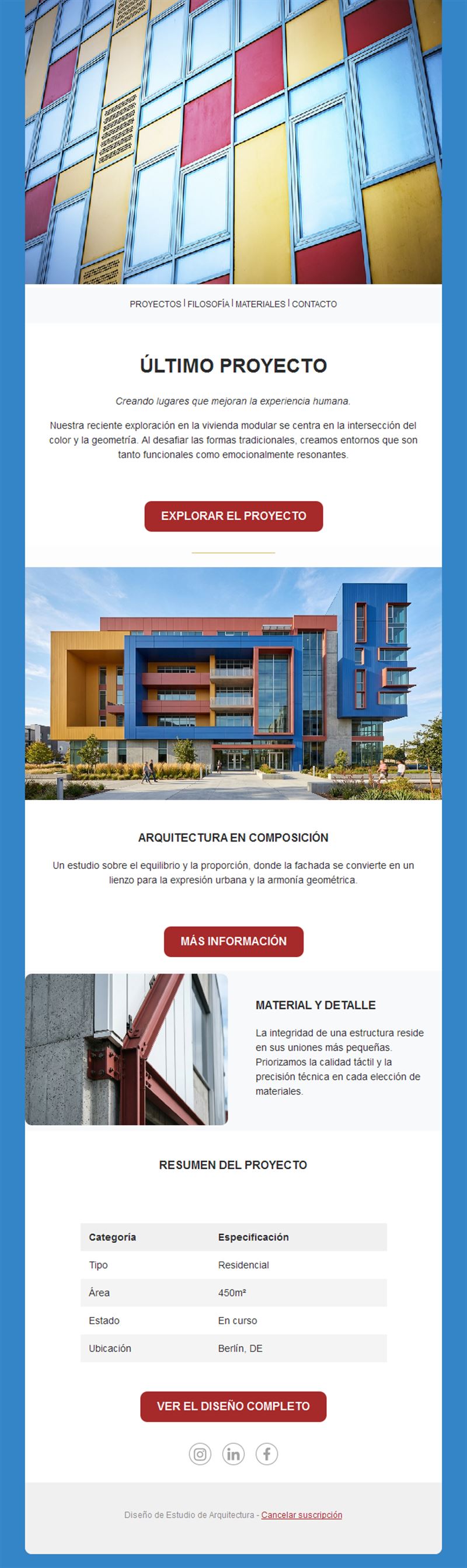 Newsletter de arquitectura con fachadas de color