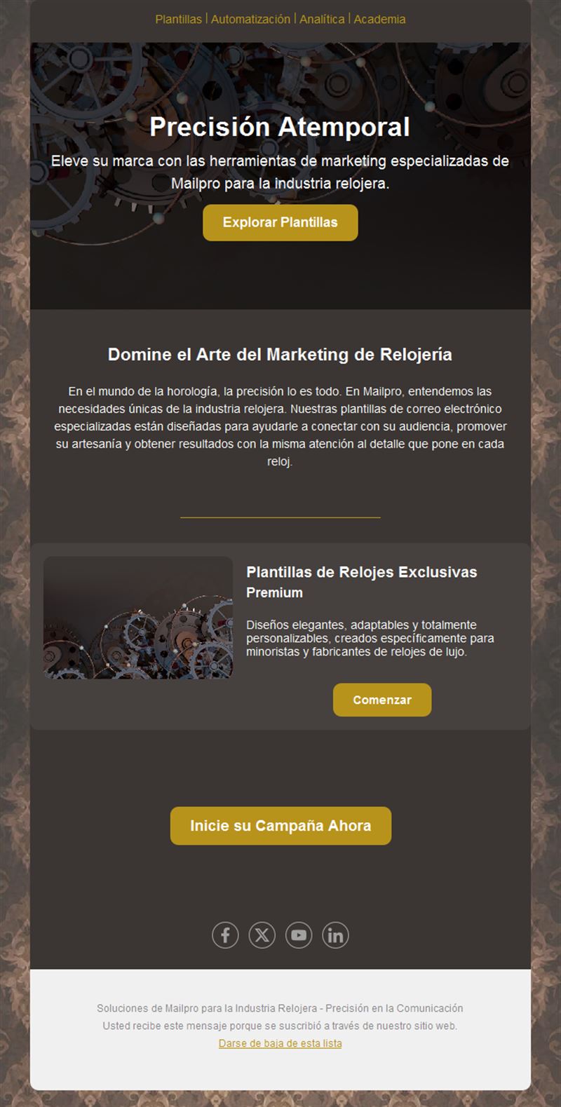 Email de marketing relojero oscuro y dorado