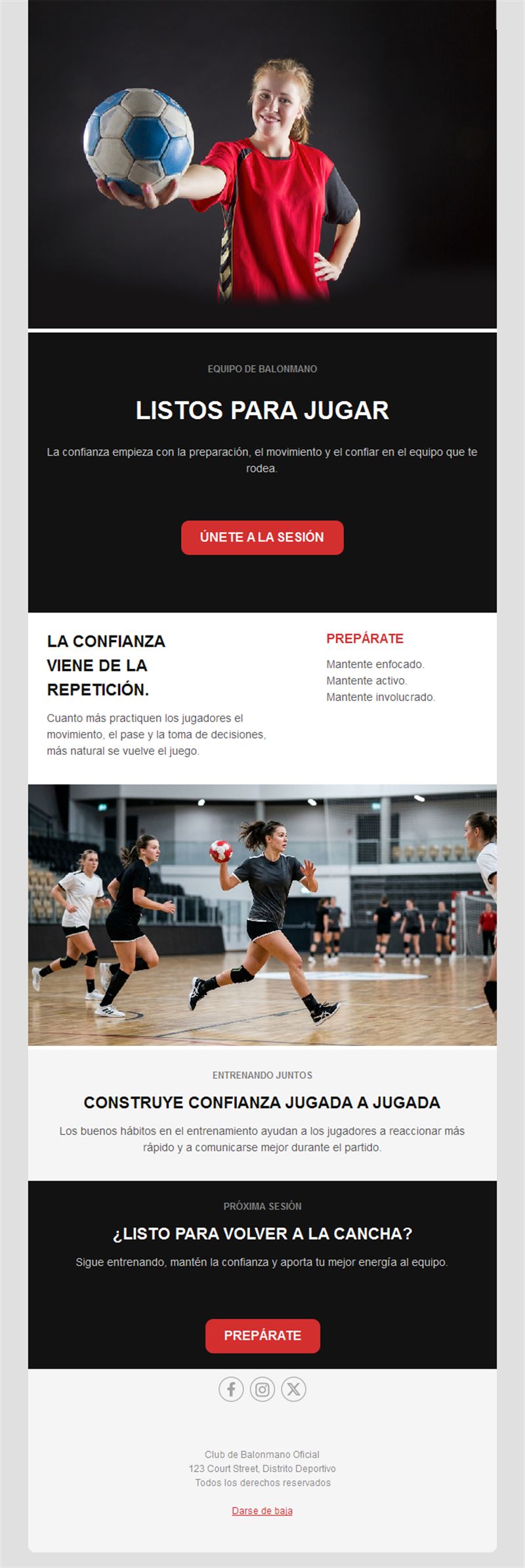 Email de sesión de entrenamiento de balonmano
