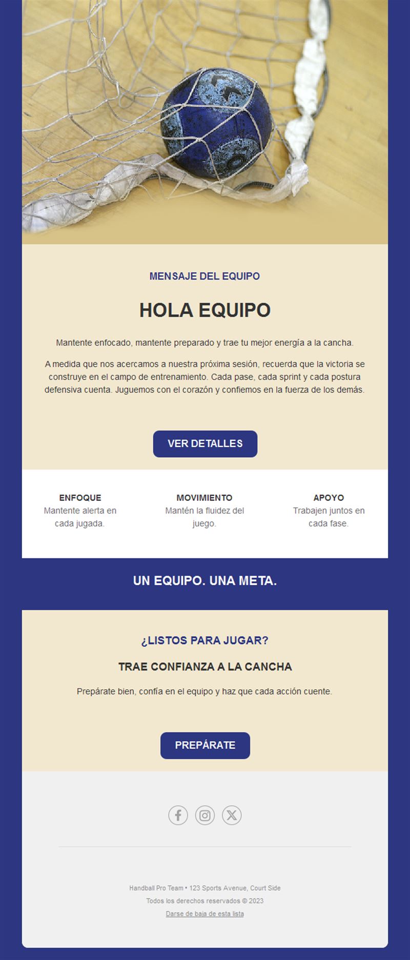 Email de mensaje al equipo de balonmano
