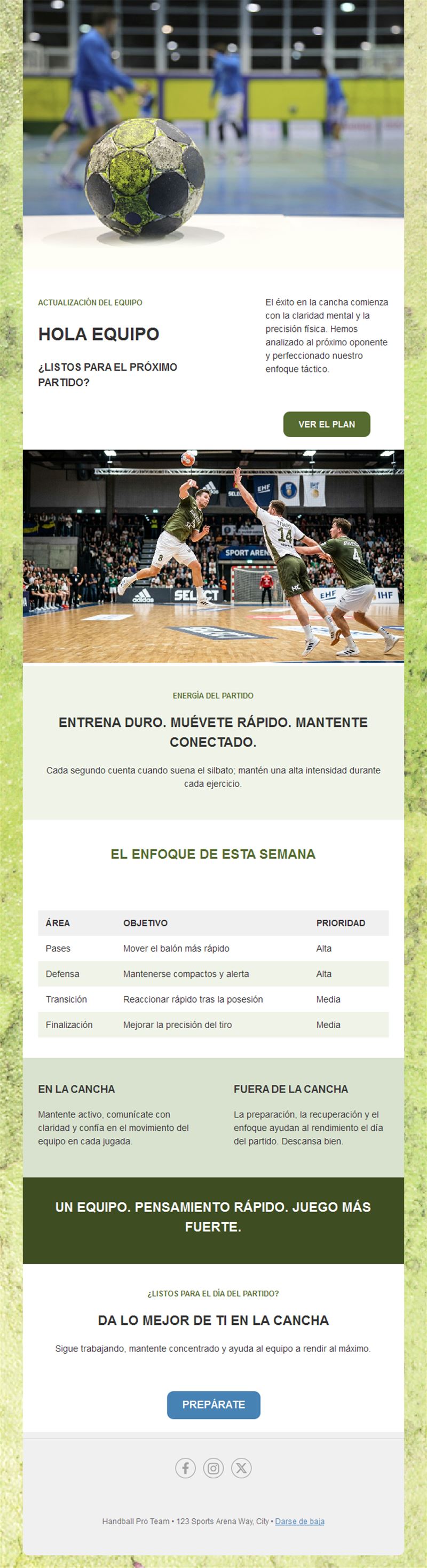 Email de equipo de balonmano con plan semanal