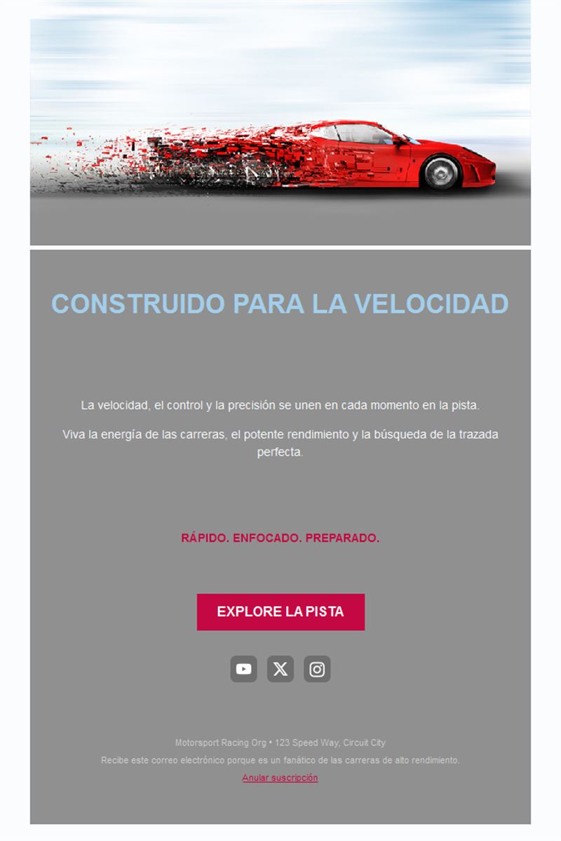 Email de carreras con deportivo rojo