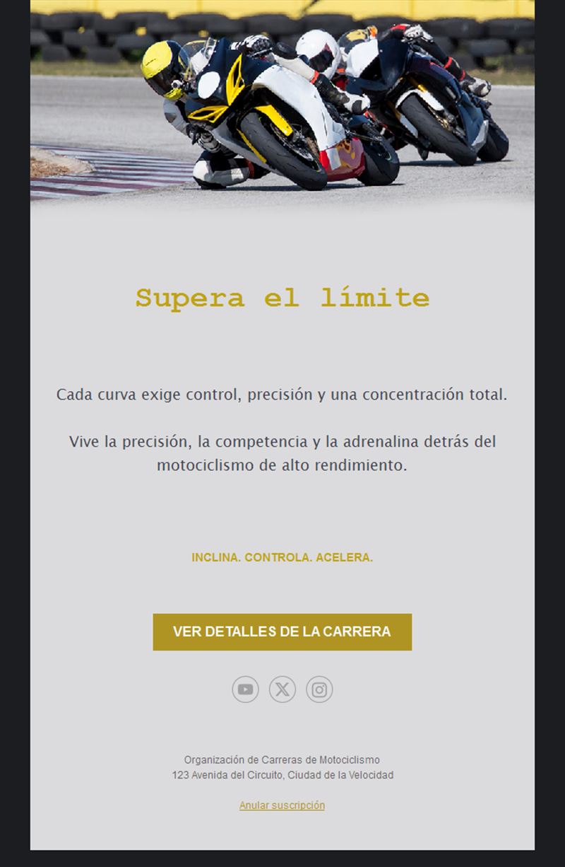 Email con detalles de carrera de motos