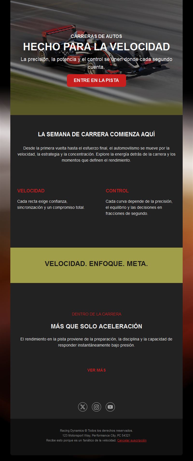 Email de semana de carreras de coches