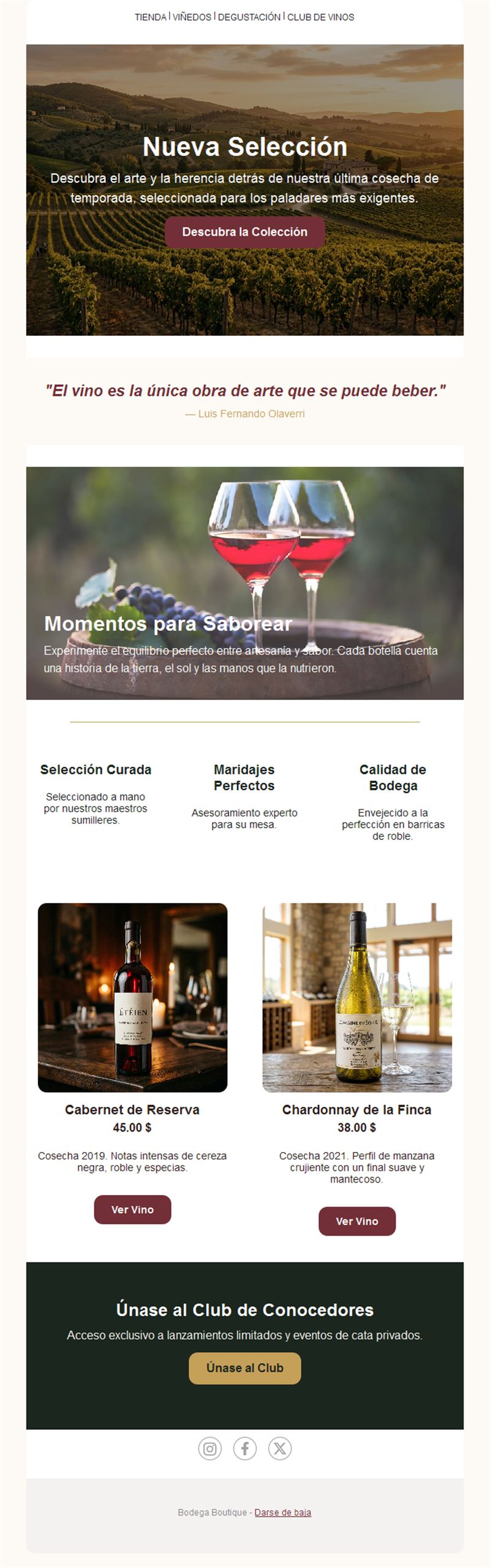 Email de vinos y maridaje