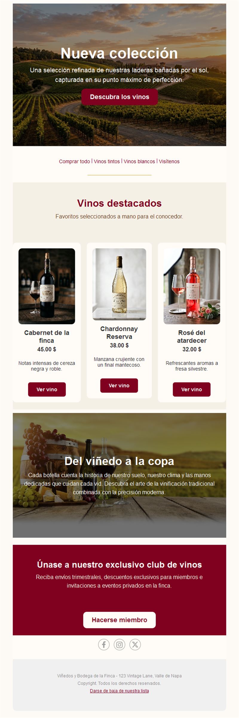 Email de vinos destacados y club de vinos