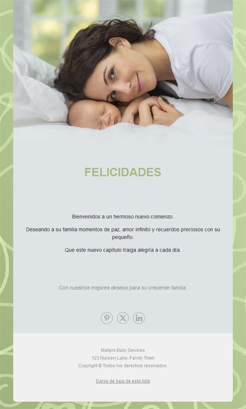 Email verde de felicitación por nacimiento