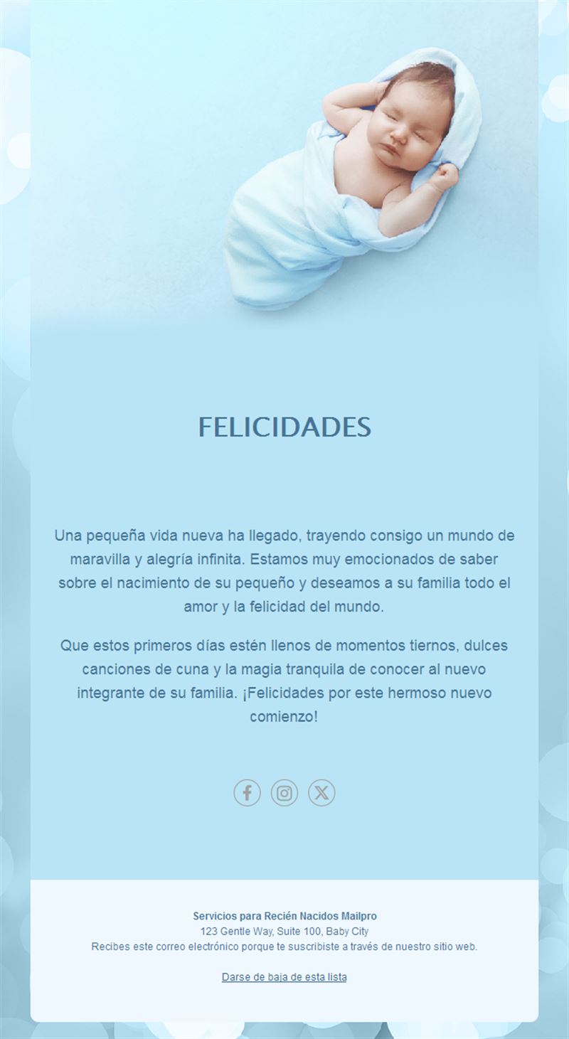 Email azul de felicitación por nacimiento