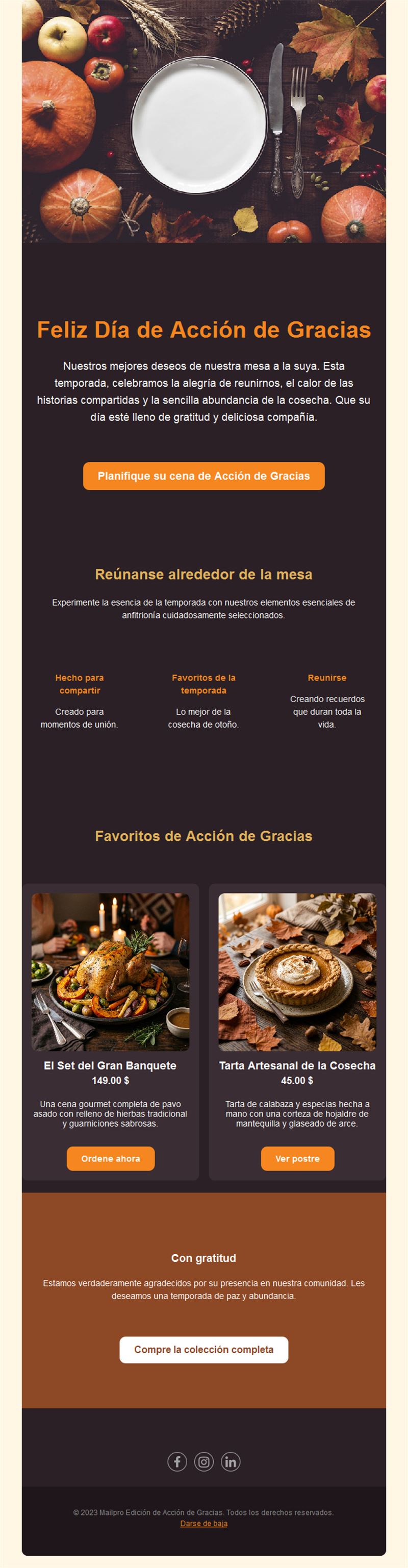 Email para planificar la cena de Acción de Gracias