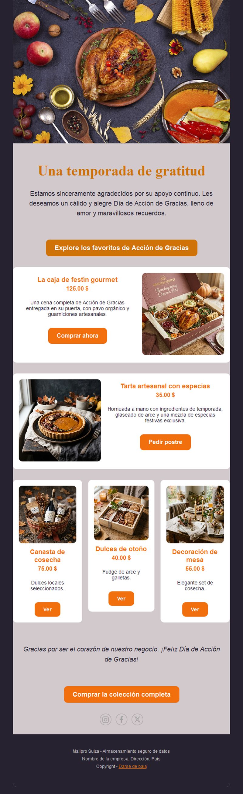 Email de productos gourmet de Acción de Gracias