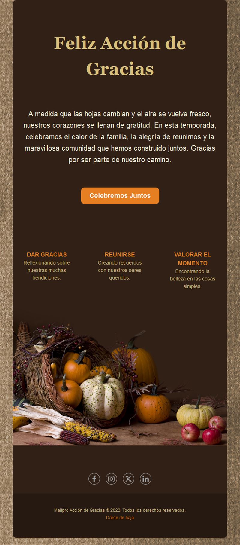 Email de Acción de Gracias con cornucopia