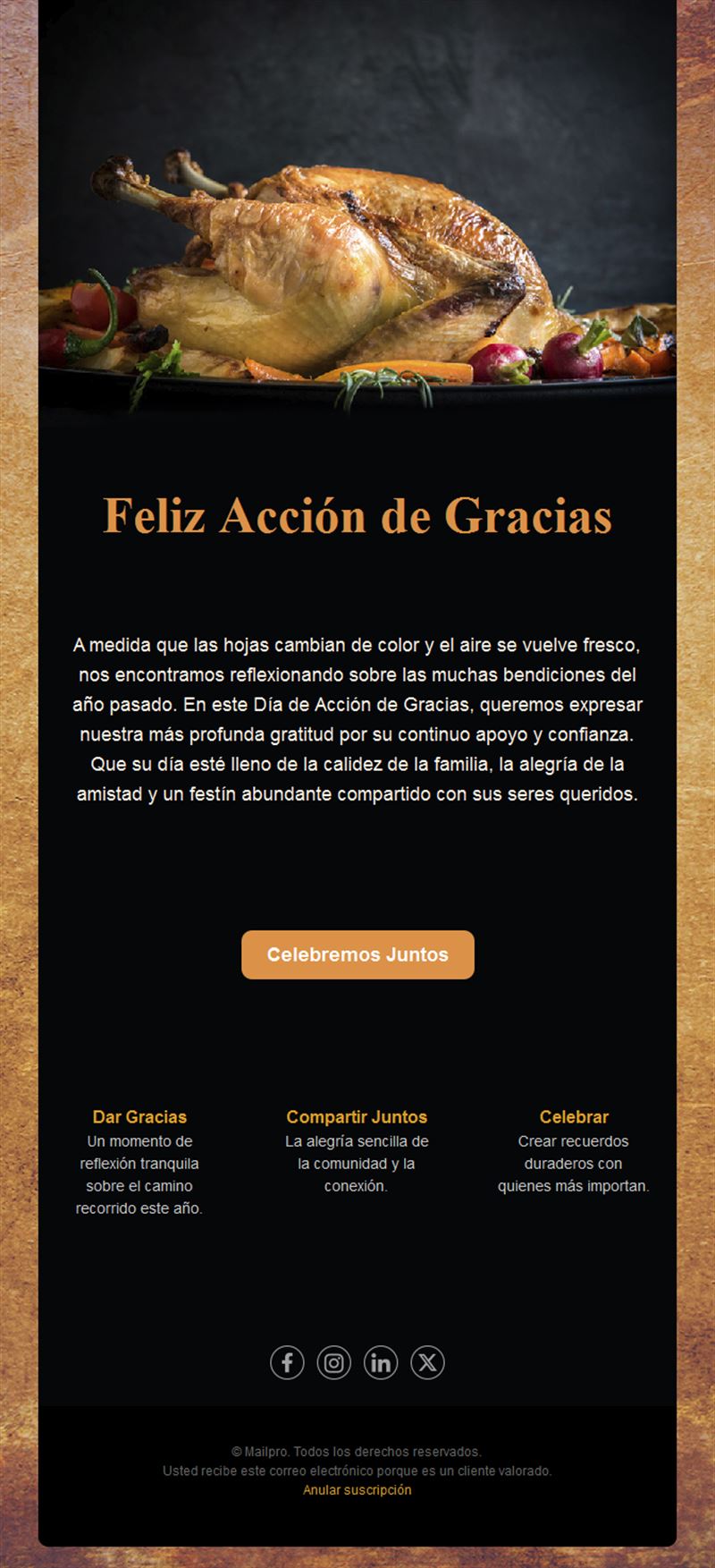 Email de Acción de Gracias con pavo asado