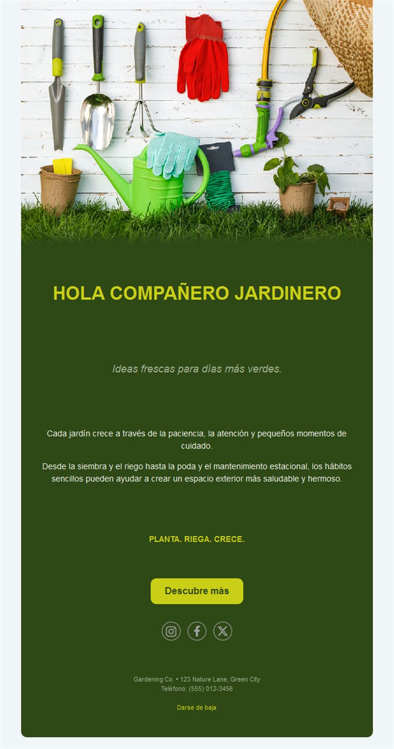 Email verde oscuro de jardinería con herramientas