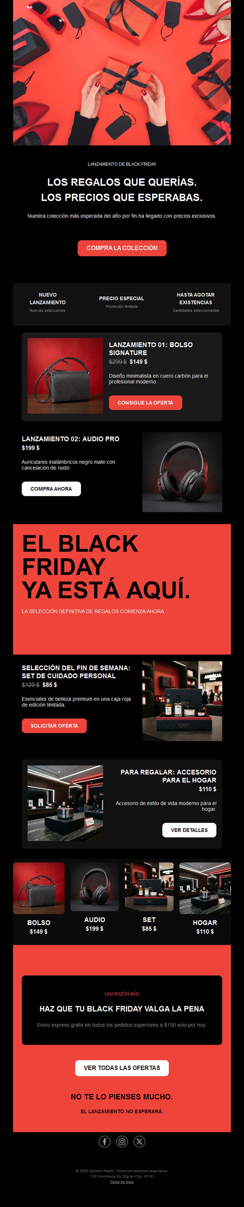 Email rojo de regalos y ofertas Black Friday