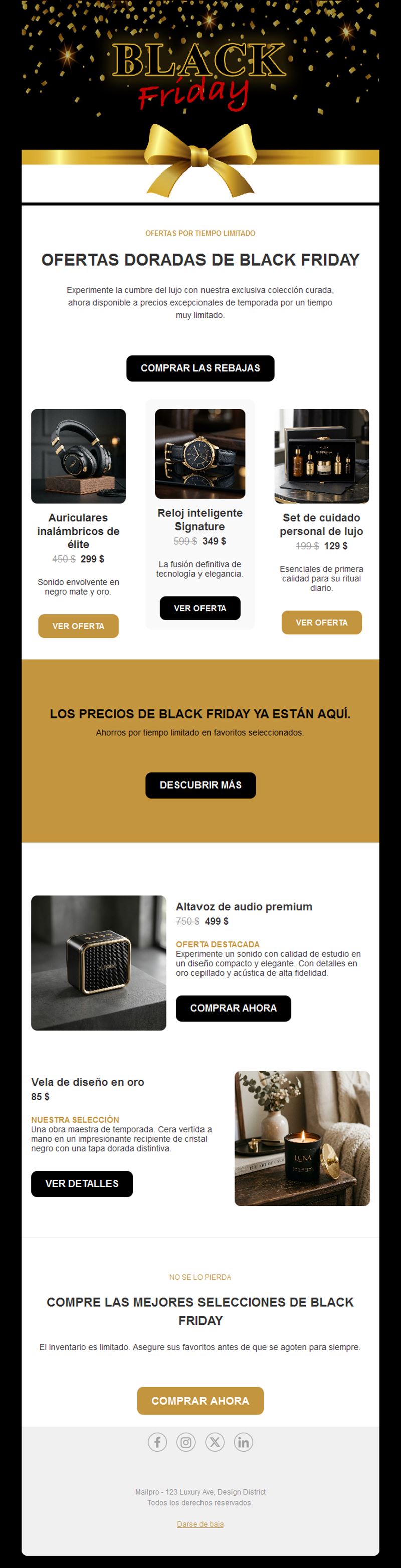 Email negro y dorado de ofertas Black Friday