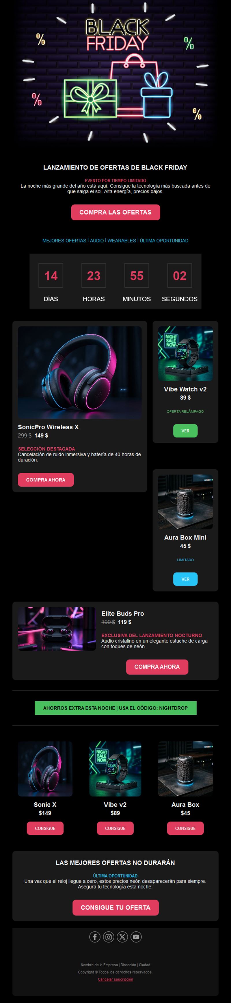 Email neón de ofertas tecnológicas Black Friday