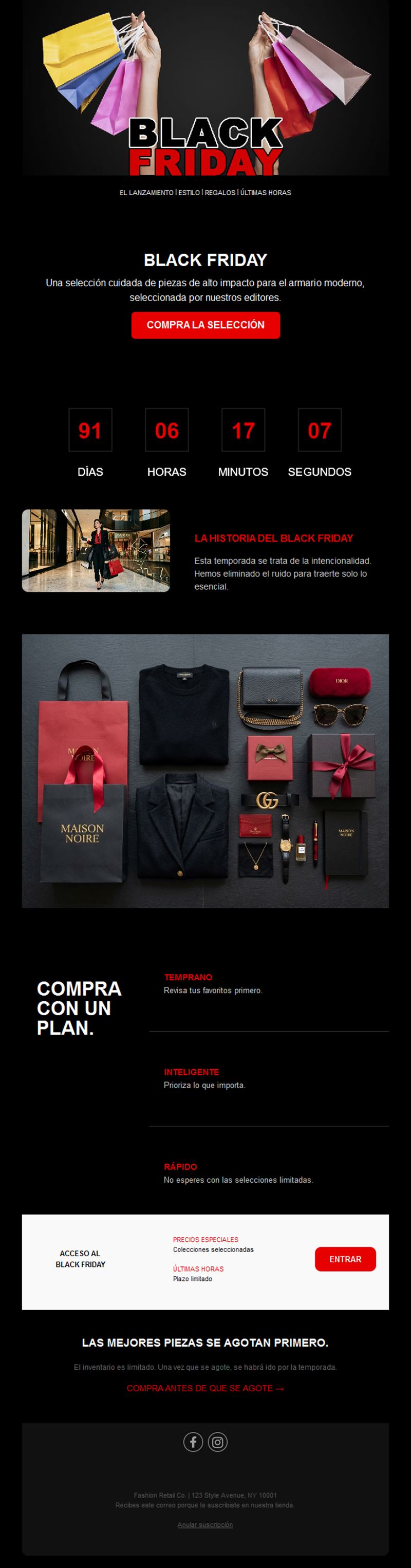Email de moda Black Friday con cuenta atrás