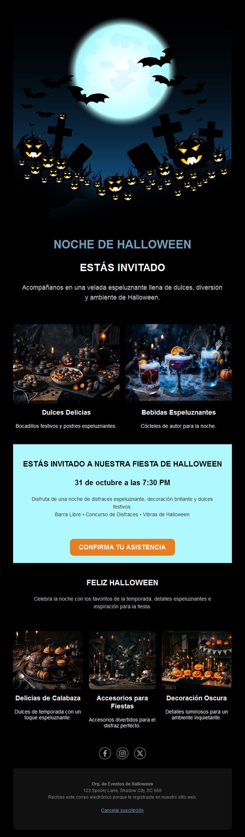 Email para noche de Halloween con menú