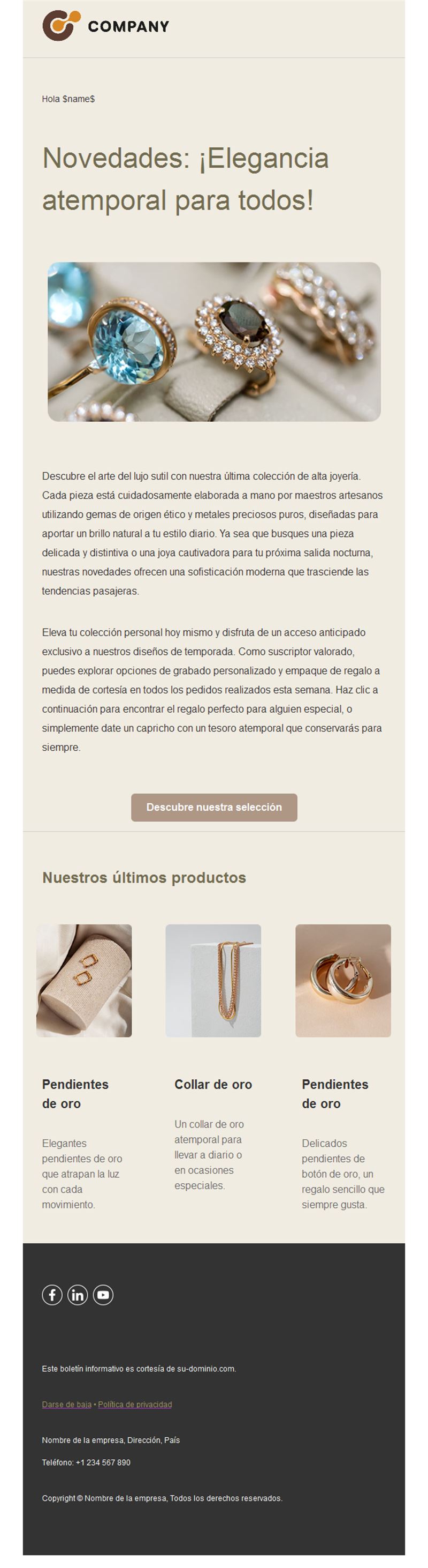Email de novedades de joyería