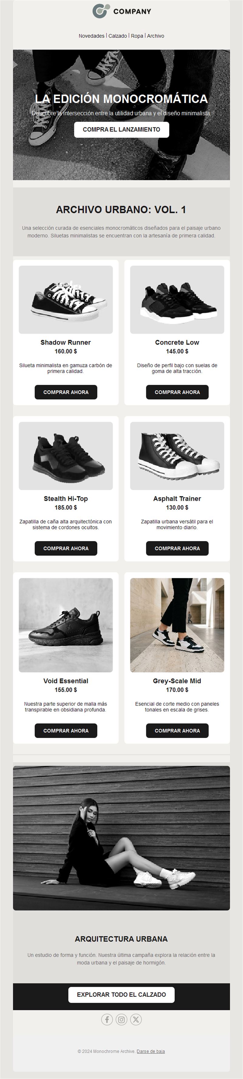 Email de lanzamiento de zapatillas con productos