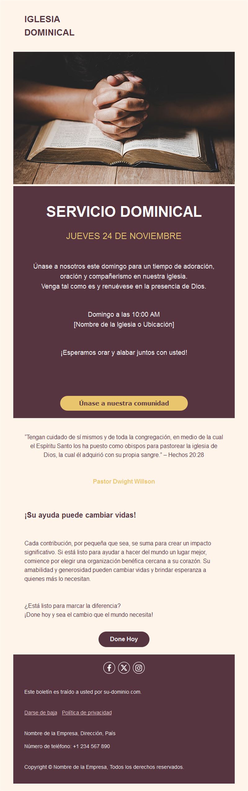 Email de iglesia para el servicio dominical