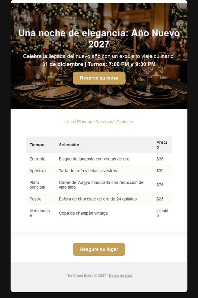 Invitación por email a la cena de Nochevieja 2027