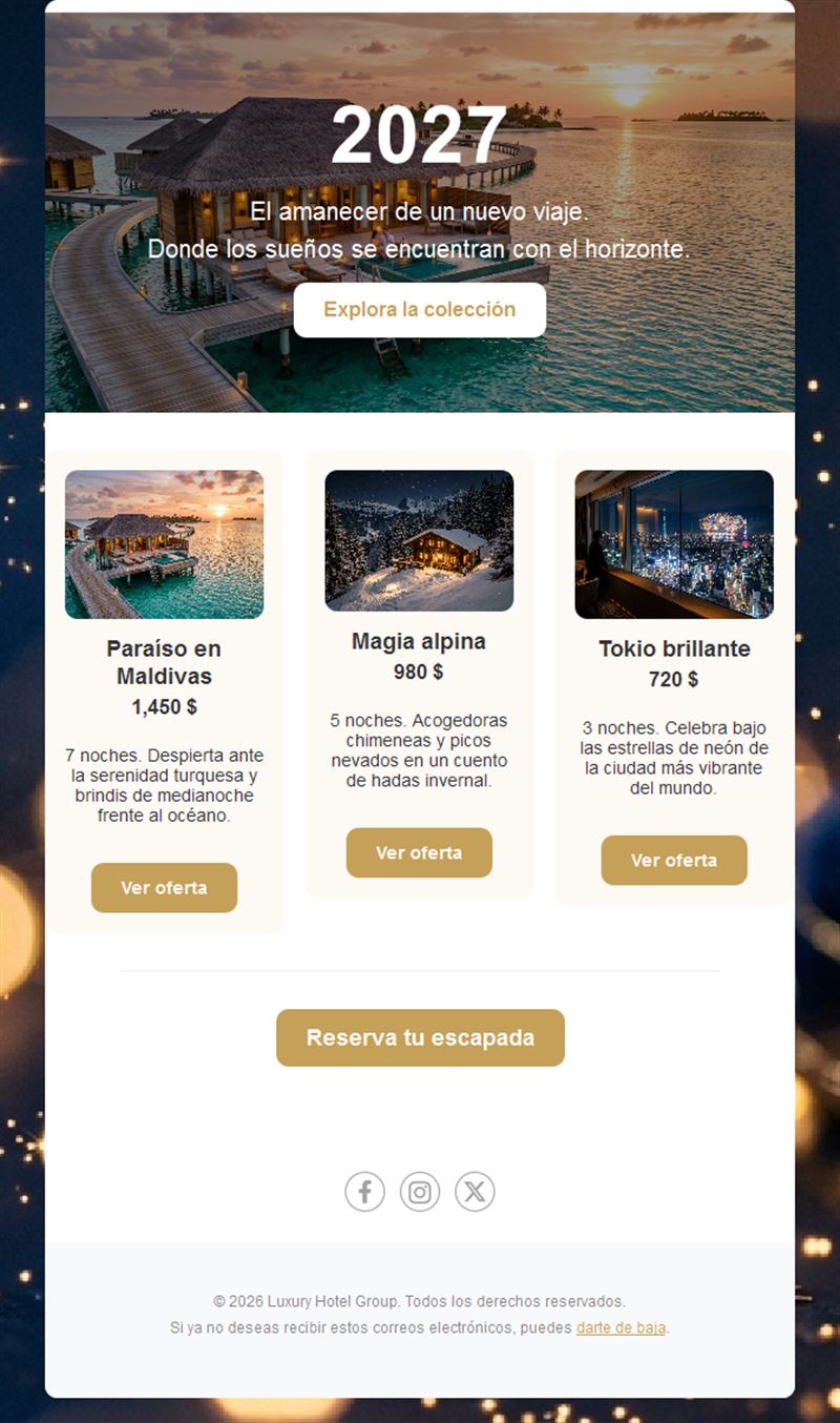 Plantilla de email de escapadas de Año Nuevo 2027