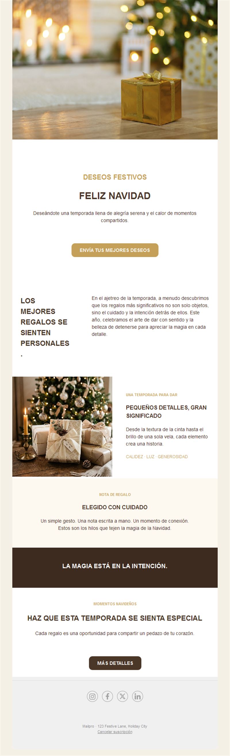 Email dorado de felicitación navideña