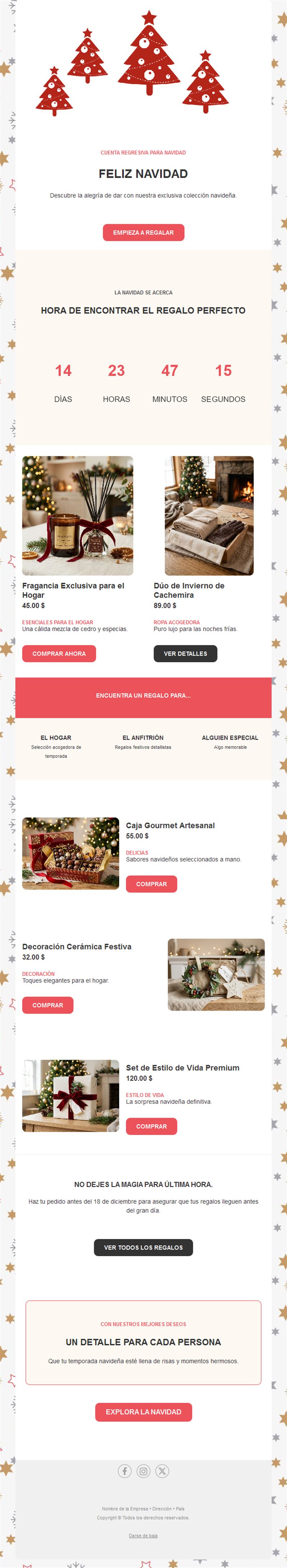 Email navideño con cuenta atrás e ideas de regalo