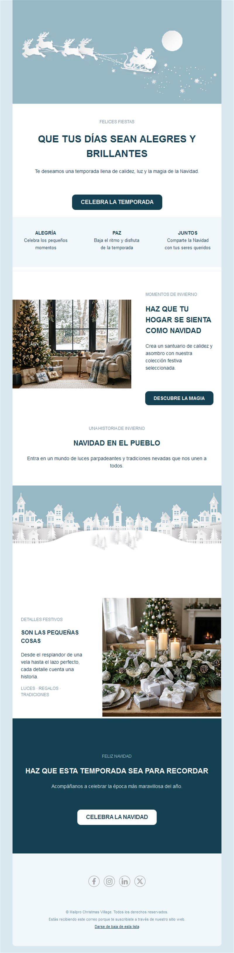 Email de felicitación navideña con pueblo nevado